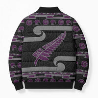 New Zealand Christmas Bomber Puffer Jacket Meri Kirihimete Silver Fern Knit Style Purple Color - Polynesian Pride