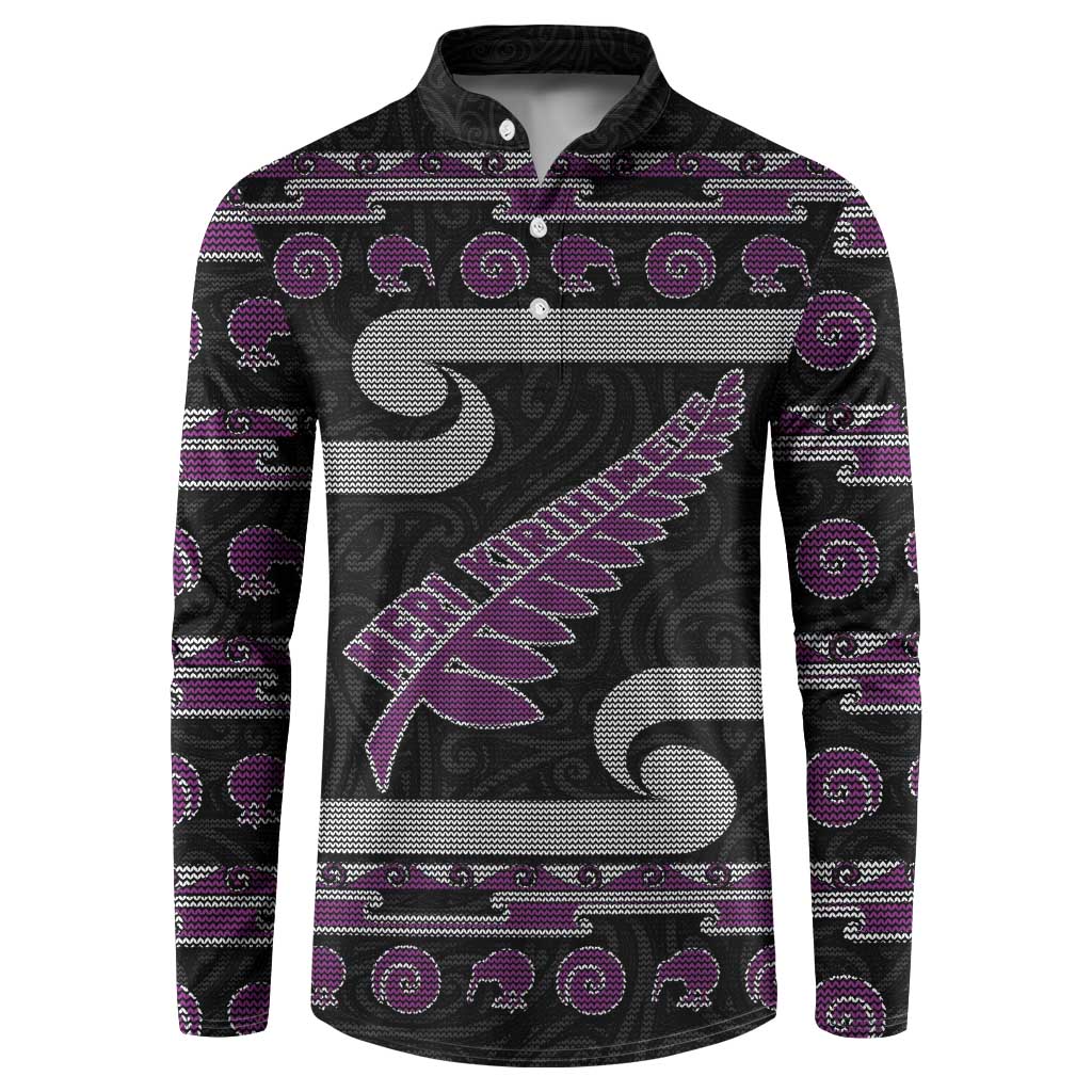 New Zealand Christmas Button Sweatshirt Meri Kirihimete Silver Fern Knit Style Purple Color - Polynesian Pride