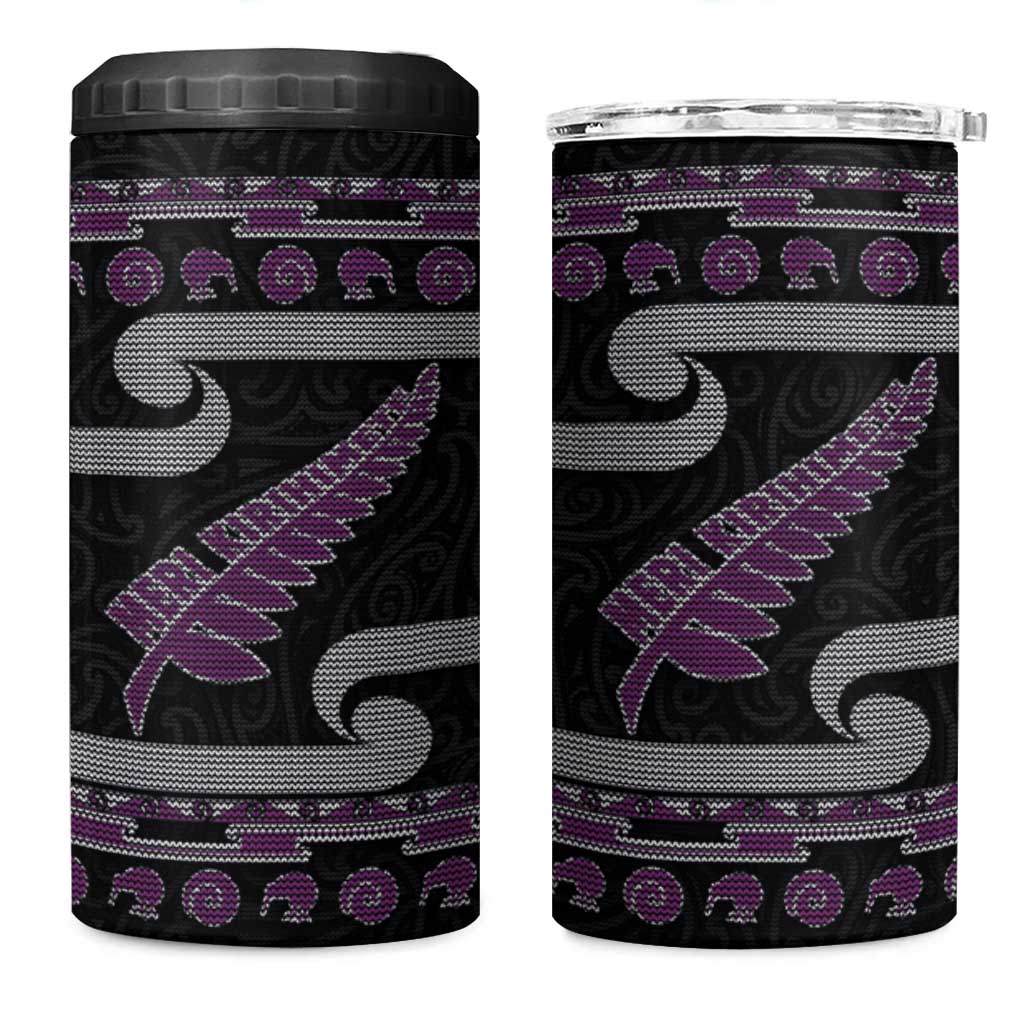 New Zealand Christmas 4 in 1 Can Cooler Tumbler Meri Kirihimete Silver Fern Knit Style Purple Color - Polynesian Pride