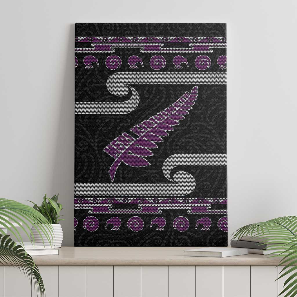 New Zealand Christmas Canvas Wall Art Meri Kirihimete Silver Fern Knit Style Purple Color - Polynesian Pride
