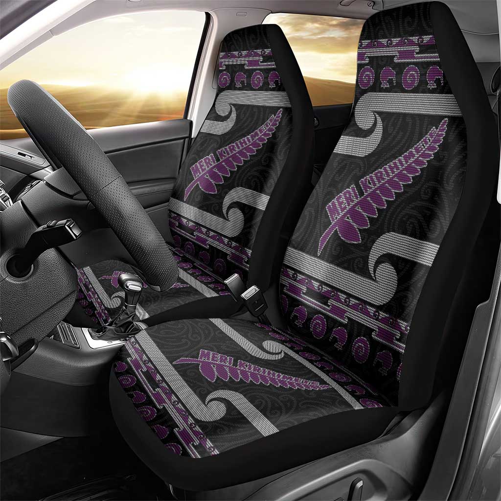 New Zealand Christmas Car Seat Cover Meri Kirihimete Silver Fern Knit Style Purple Color - Polynesian Pride