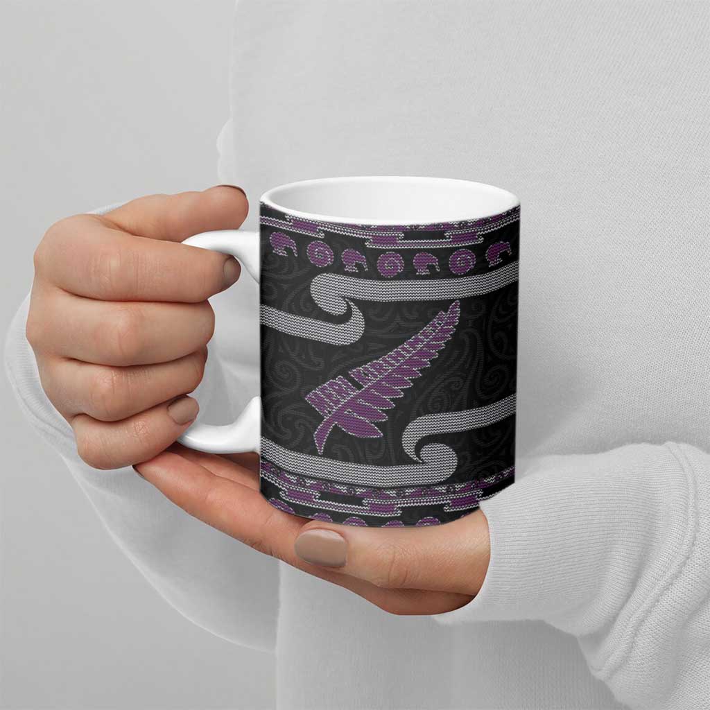 New Zealand Christmas Ceramic Mug Meri Kirihimete Silver Fern Knit Style Purple Color - Polynesian Pride