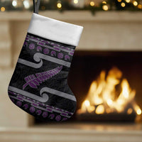 New Zealand Christmas Stocking Meri Kirihimete Silver Fern Knit Style Purple Color - Polynesian Pride