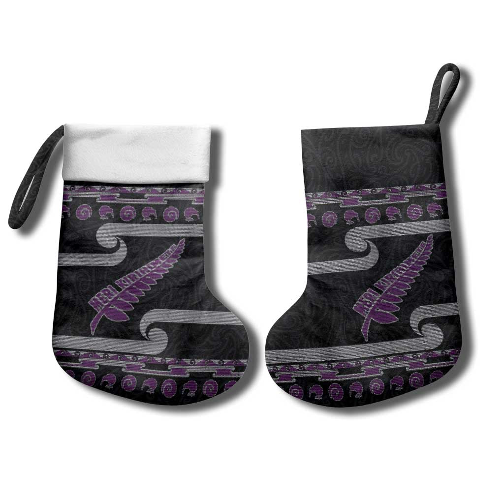 New Zealand Christmas Stocking Meri Kirihimete Silver Fern Knit Style Purple Color - Polynesian Pride