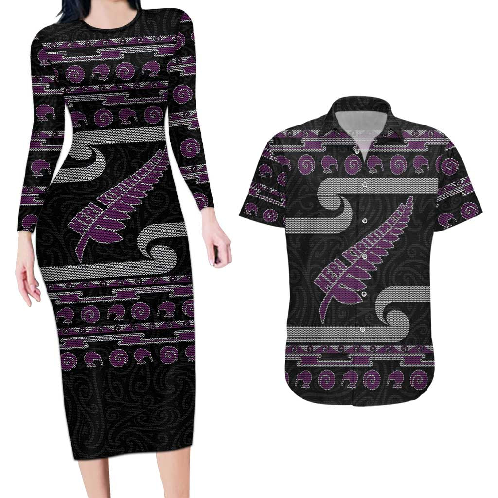 New Zealand Christmas Couples Matching Long Sleeve Bodycon Dress and Hawaiian Shirt Meri Kirihimete Silver Fern Knit Style Purple Color - Polynesian Pride