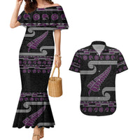 New Zealand Christmas Couples Matching Mermaid Dress and Hawaiian Shirt Meri Kirihimete Silver Fern Knit Style Purple Color - Polynesian Pride