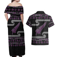 New Zealand Christmas Couples Matching Off Shoulder Maxi Dress and Hawaiian Shirt Meri Kirihimete Silver Fern Knit Style Purple Color - Polynesian Pride