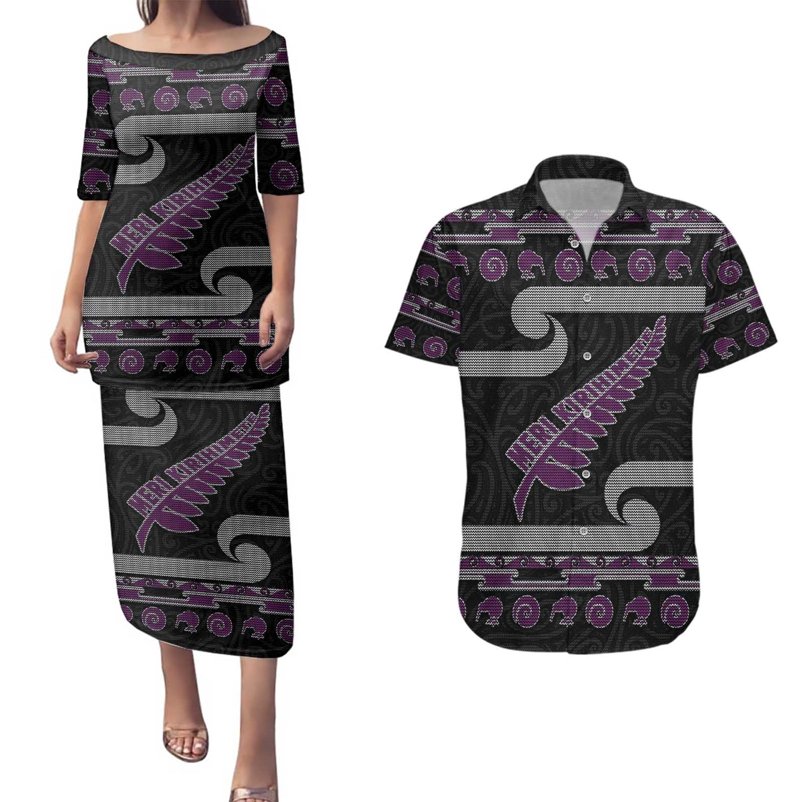 New Zealand Christmas Couples Matching Puletasi and Hawaiian Shirt Meri Kirihimete Silver Fern Knit Style Purple Color - Polynesian Pride