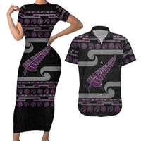 New Zealand Christmas Couples Matching Short Sleeve Bodycon Dress and Hawaiian Shirt Meri Kirihimete Silver Fern Knit Style Purple Color - Polynesian Pride