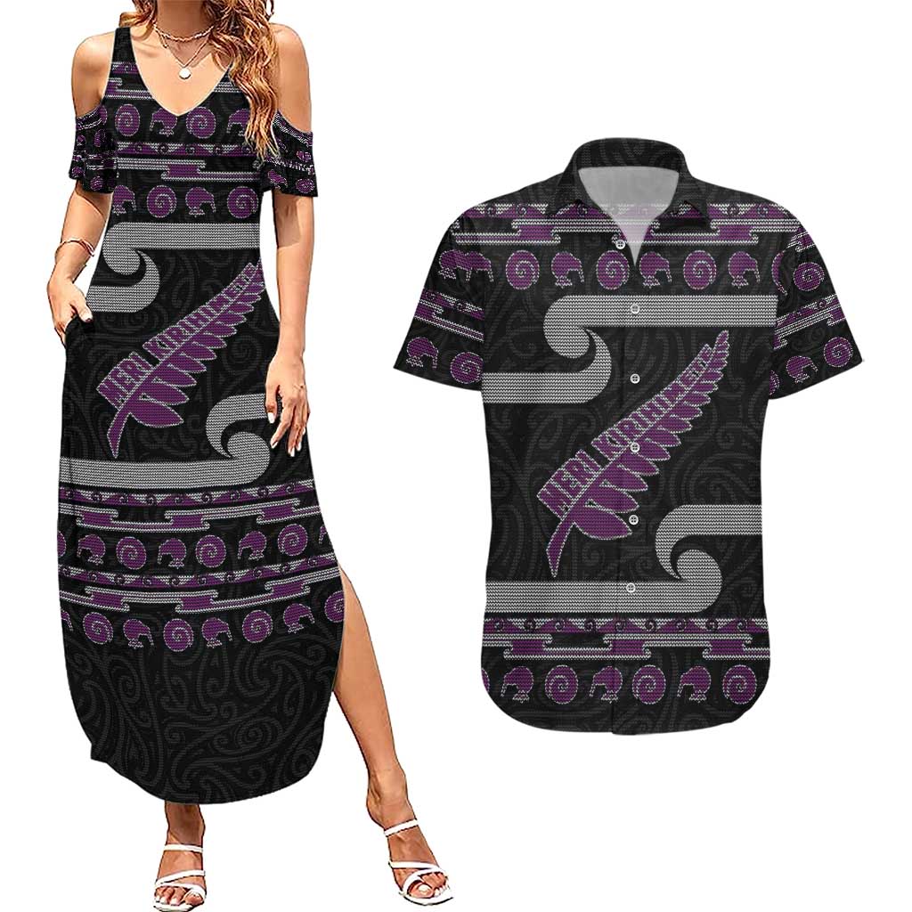 New Zealand Christmas Couples Matching Summer Maxi Dress and Hawaiian Shirt Meri Kirihimete Silver Fern Knit Style Purple Color - Polynesian Pride