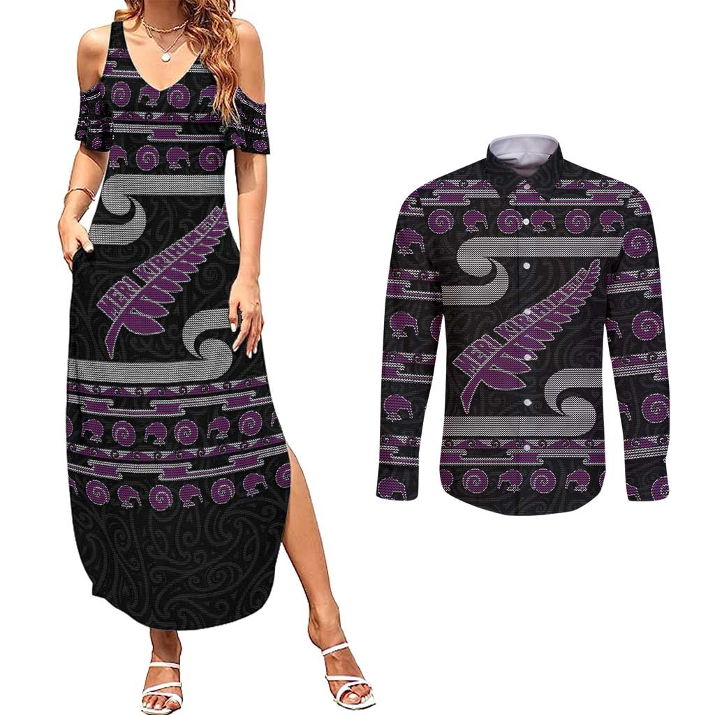 New Zealand Christmas Couples Matching Summer Maxi Dress and Long Sleeve Button Shirt Meri Kirihimete Silver Fern Knit Style Purple Color - Polynesian Pride