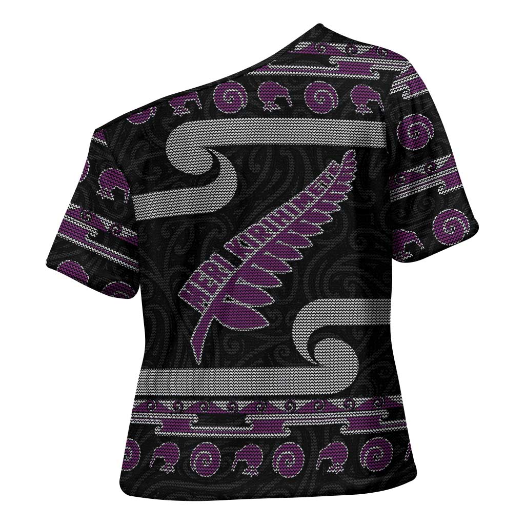 New Zealand Christmas Cross Shoulder Shirt Meri Kirihimete Silver Fern Knit Style Purple Color - Polynesian Pride