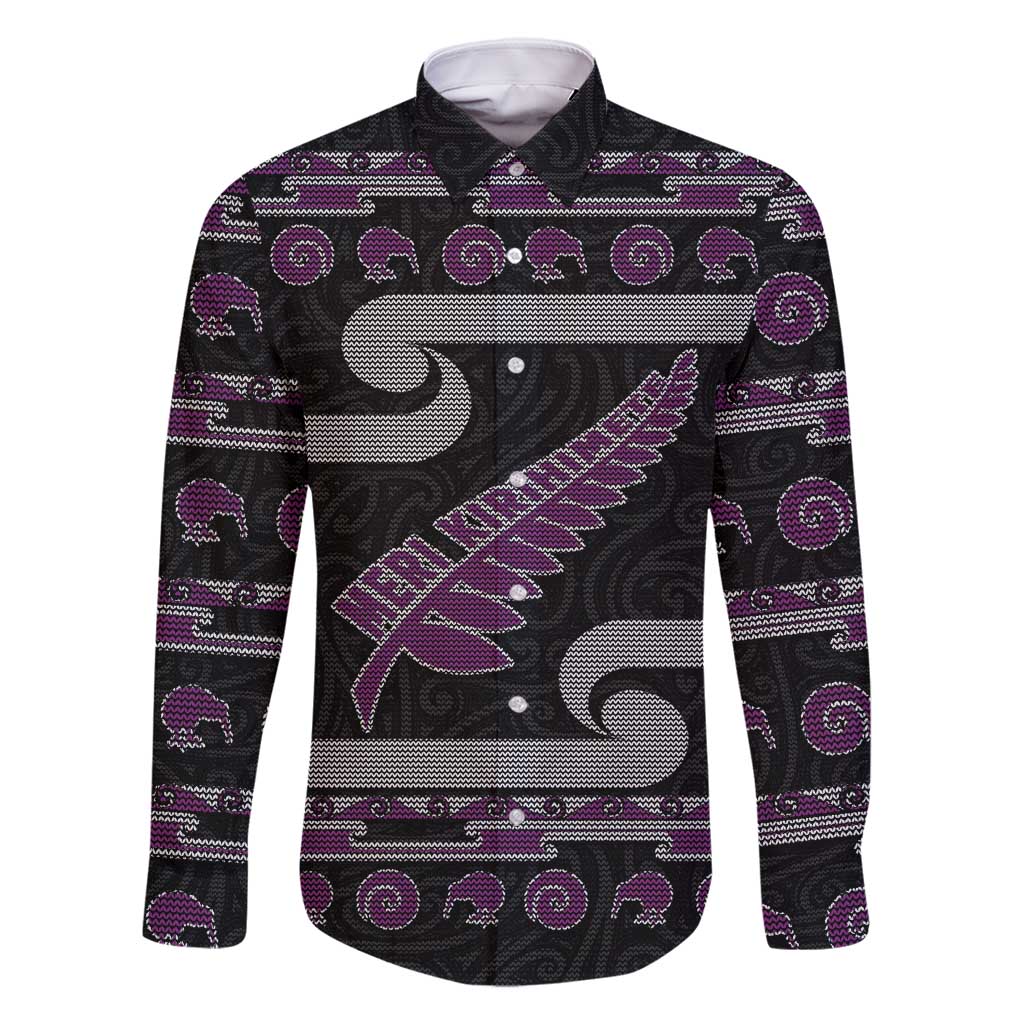 New Zealand Christmas Family Matching Long Sleeve Bodycon Dress and Hawaiian Shirt Meri Kirihimete Silver Fern Knit Style Purple Color - Polynesian Pride