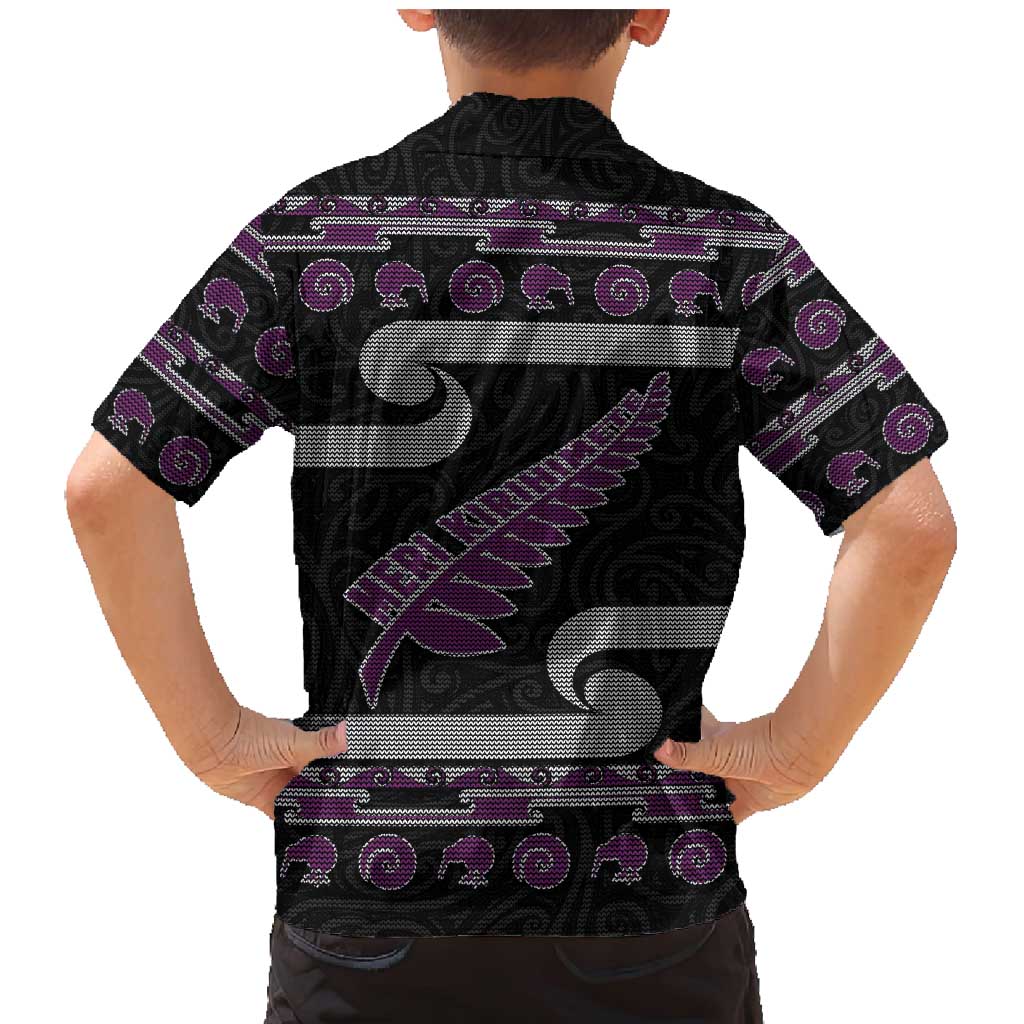 New Zealand Christmas Family Matching Mermaid Dress and Hawaiian Shirt Meri Kirihimete Silver Fern Knit Style Purple Color - Polynesian Pride