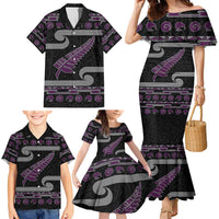 New Zealand Christmas Family Matching Mermaid Dress and Hawaiian Shirt Meri Kirihimete Silver Fern Knit Style Purple Color - Polynesian Pride