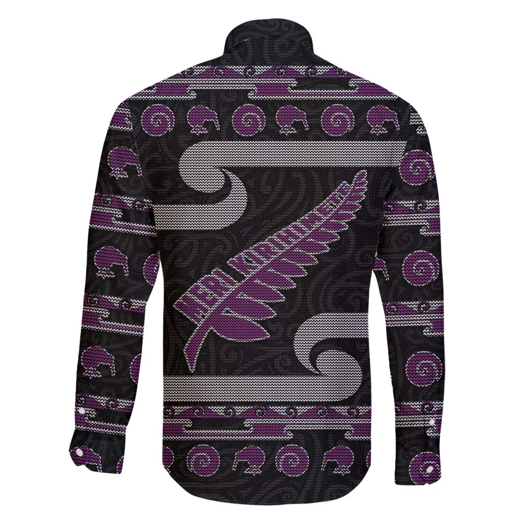 New Zealand Christmas Family Matching Mermaid Dress and Hawaiian Shirt Meri Kirihimete Silver Fern Knit Style Purple Color - Polynesian Pride