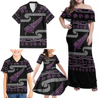 New Zealand Christmas Family Matching Off Shoulder Maxi Dress and Hawaiian Shirt Meri Kirihimete Silver Fern Knit Style Purple Color - Polynesian Pride