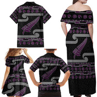 New Zealand Christmas Family Matching Off Shoulder Maxi Dress and Hawaiian Shirt Meri Kirihimete Silver Fern Knit Style Purple Color - Polynesian Pride