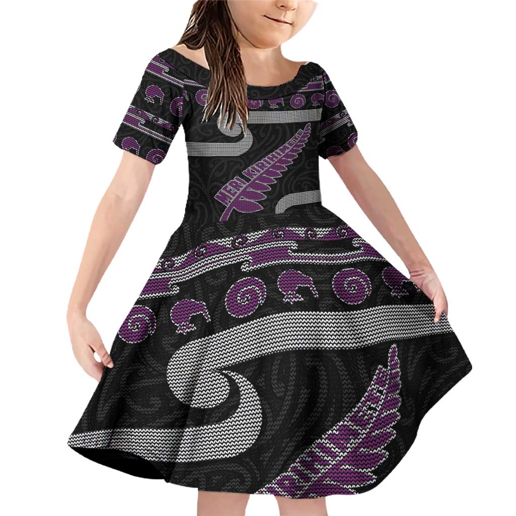 New Zealand Christmas Family Matching Off Shoulder Short Dress and Hawaiian Shirt Meri Kirihimete Silver Fern Knit Style Purple Color - Polynesian Pride