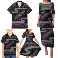 New Zealand Christmas Family Matching Puletasi and Hawaiian Shirt Meri Kirihimete Silver Fern Knit Style Purple Color - Polynesian Pride