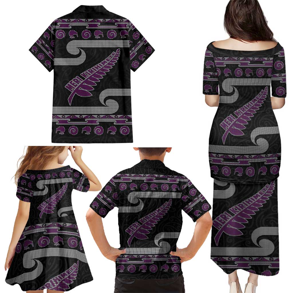 New Zealand Christmas Family Matching Puletasi and Hawaiian Shirt Meri Kirihimete Silver Fern Knit Style Purple Color - Polynesian Pride