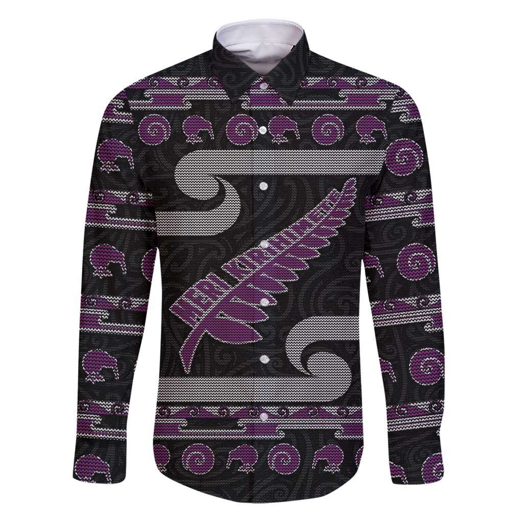 New Zealand Christmas Family Matching Puletasi and Hawaiian Shirt Meri Kirihimete Silver Fern Knit Style Purple Color - Polynesian Pride
