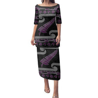 New Zealand Christmas Family Matching Puletasi and Hawaiian Shirt Meri Kirihimete Silver Fern Knit Style Purple Color - Polynesian Pride