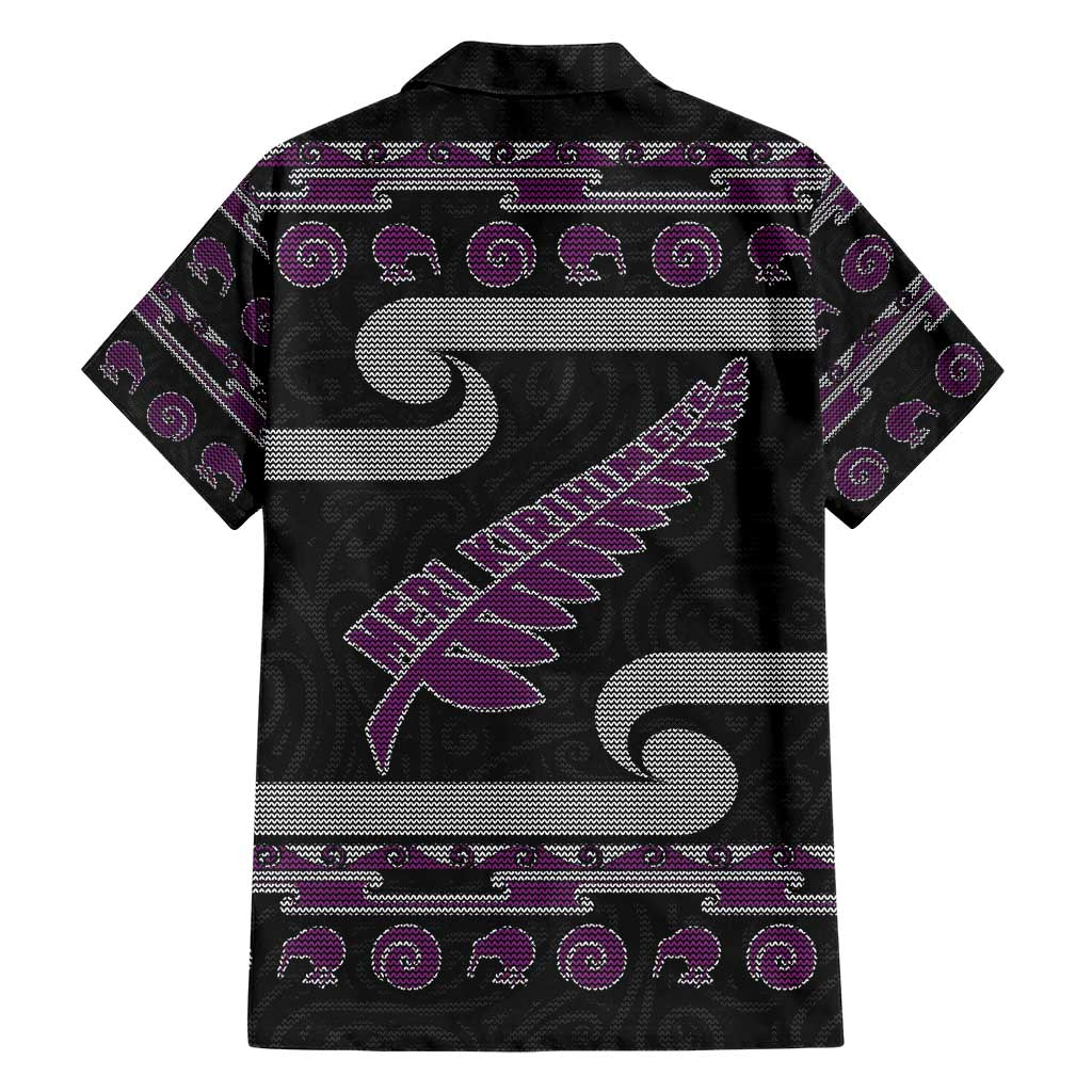 New Zealand Christmas Family Matching Short Sleeve Bodycon Dress and Hawaiian Shirt Meri Kirihimete Silver Fern Knit Style Purple Color - Polynesian Pride