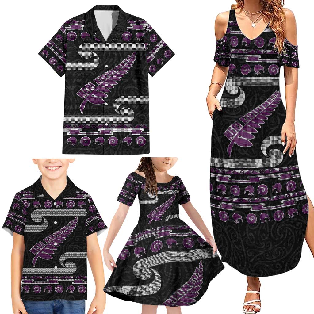New Zealand Christmas Family Matching Summer Maxi Dress and Hawaiian Shirt Meri Kirihimete Silver Fern Knit Style Purple Color - Polynesian Pride