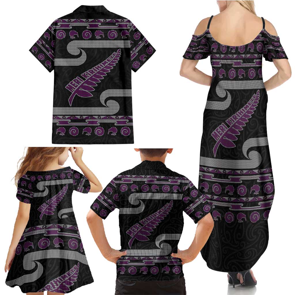 New Zealand Christmas Family Matching Summer Maxi Dress and Hawaiian Shirt Meri Kirihimete Silver Fern Knit Style Purple Color - Polynesian Pride