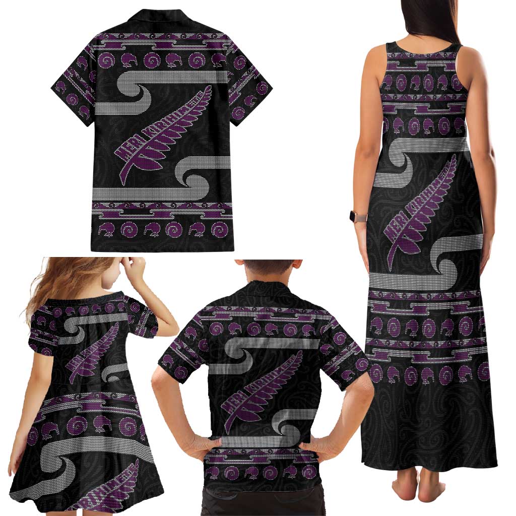 New Zealand Christmas Family Matching Tank Maxi Dress and Hawaiian Shirt Meri Kirihimete Silver Fern Knit Style Purple Color - Polynesian Pride