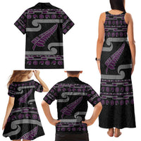 New Zealand Christmas Family Matching Tank Maxi Dress and Hawaiian Shirt Meri Kirihimete Silver Fern Knit Style Purple Color - Polynesian Pride