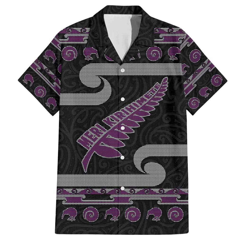 New Zealand Christmas Family Matching Tank Maxi Dress and Hawaiian Shirt Meri Kirihimete Silver Fern Knit Style Purple Color - Polynesian Pride