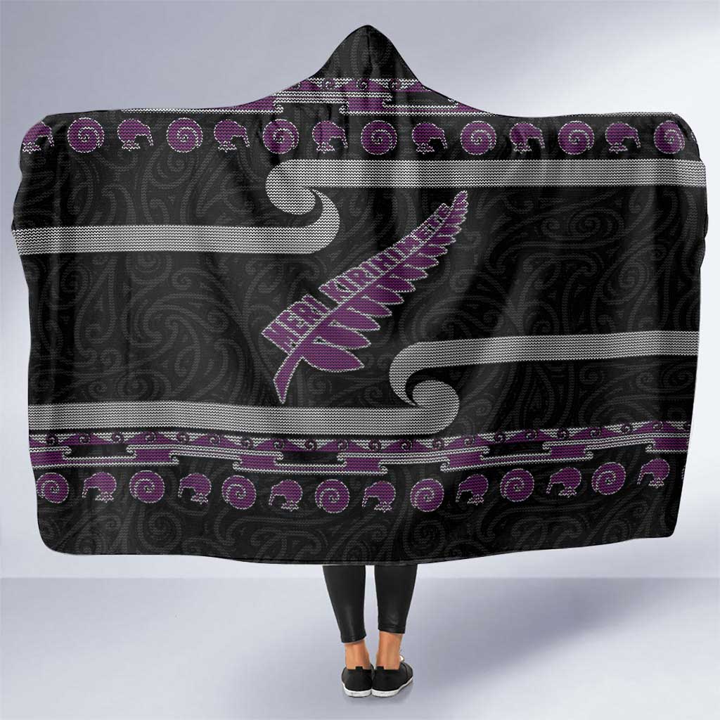 New Zealand Christmas Hooded Blanket Meri Kirihimete Silver Fern Knit Style Purple Color - Polynesian Pride
