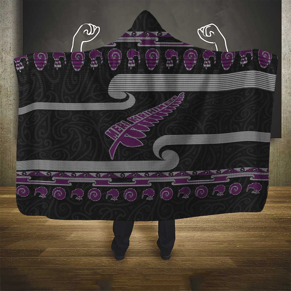 New Zealand Christmas Hooded Blanket Meri Kirihimete Silver Fern Knit Style Purple Color - Polynesian Pride