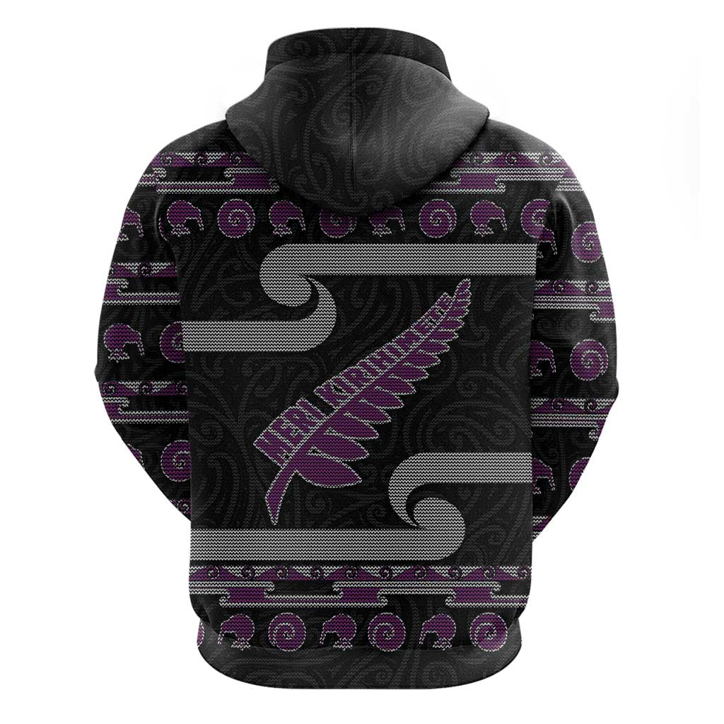 New Zealand Christmas Hoodie Meri Kirihimete Silver Fern Knit Style Purple Color - Polynesian Pride