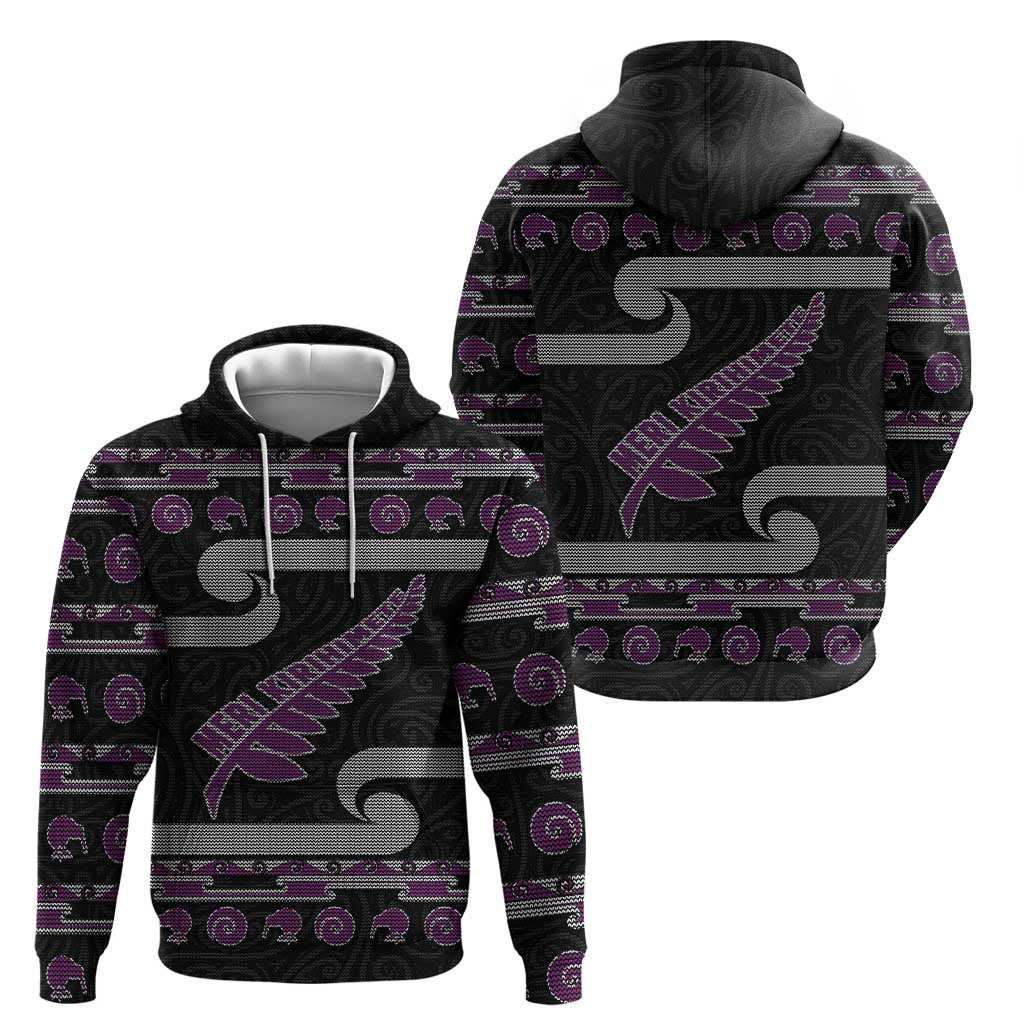 New Zealand Christmas Hoodie Meri Kirihimete Silver Fern Knit Style Purple Color - Polynesian Pride