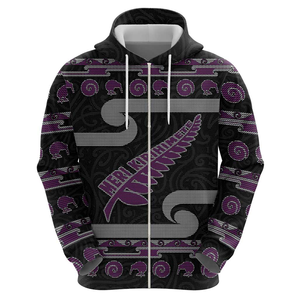 New Zealand Christmas Hoodie Meri Kirihimete Silver Fern Knit Style Purple Color - Polynesian Pride