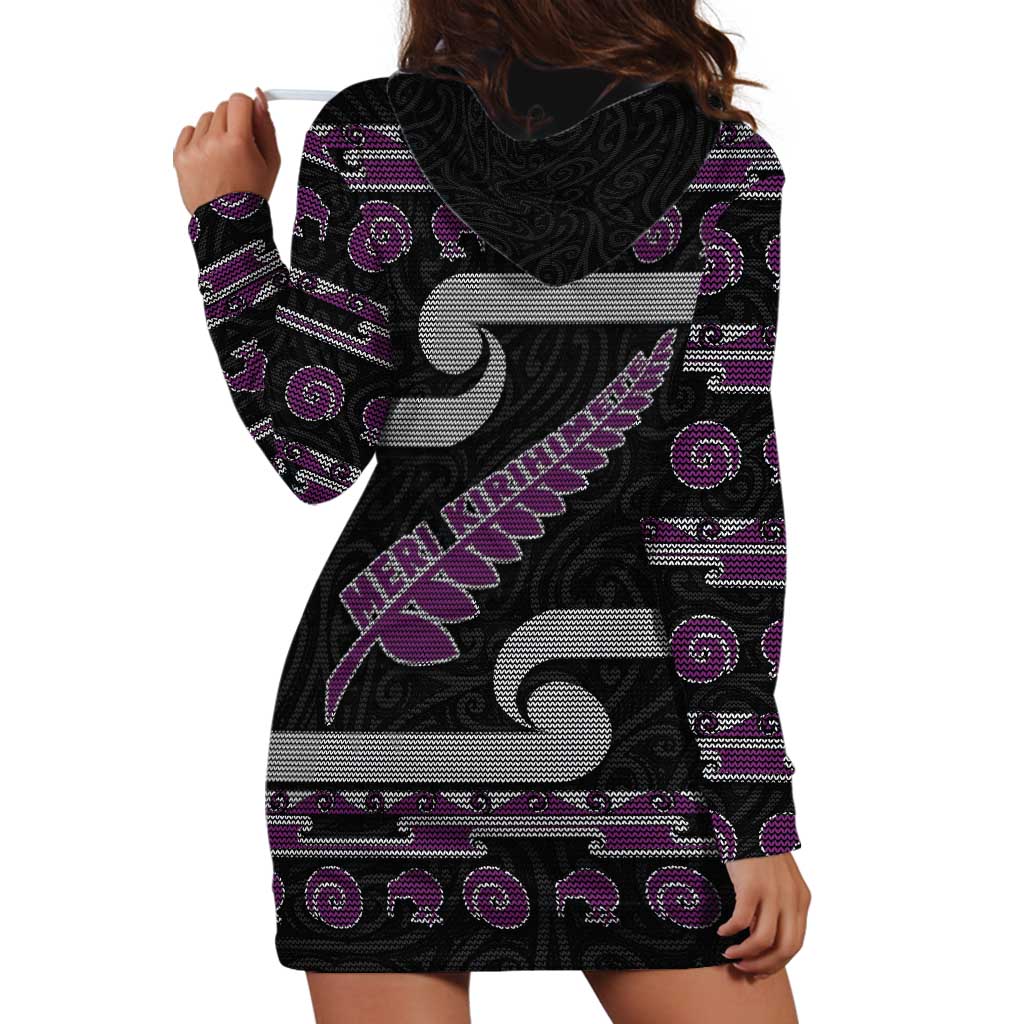 New Zealand Christmas Hoodie Dress Meri Kirihimete Silver Fern Knit Style Purple Color - Polynesian Pride
