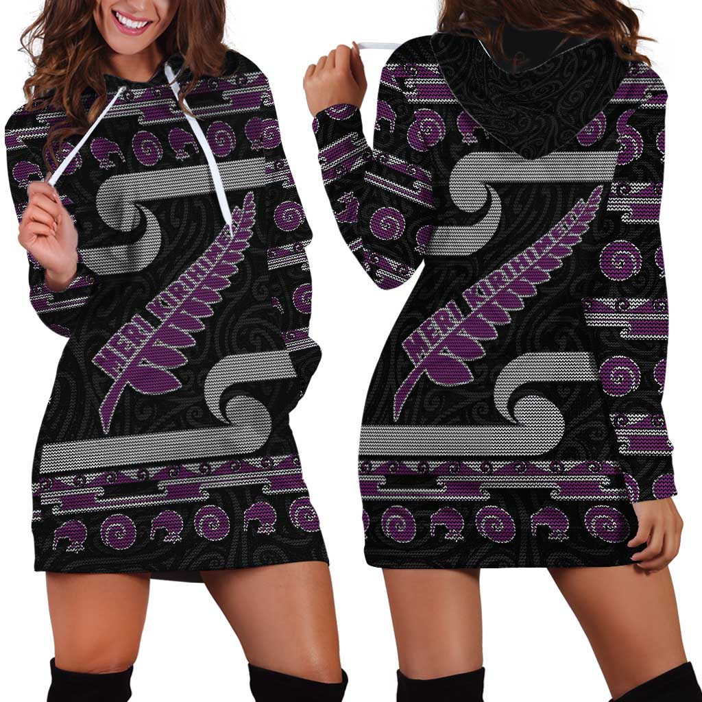 New Zealand Christmas Hoodie Dress Meri Kirihimete Silver Fern Knit Style Purple Color - Polynesian Pride