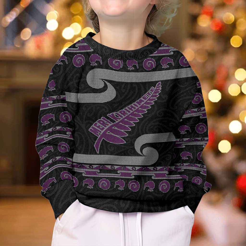 New Zealand Christmas Kid Ugly Christmas Sweater Meri Kirihimete Silver Fern Knit Style Purple Color - Polynesian Pride