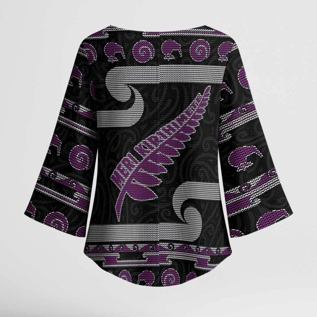 New Zealand Christmas Kimono Sleeve Blouse Meri Kirihimete Silver Fern Knit Style Purple Color - Polynesian Pride