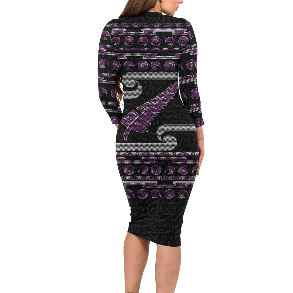 New Zealand Christmas Long Sleeve Bodycon Dress Meri Kirihimete Silver Fern Knit Style Purple Color - Polynesian Pride