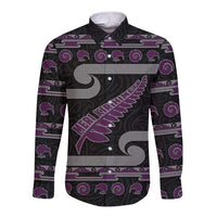 New Zealand Christmas Long Sleeve Button Shirt Meri Kirihimete Silver Fern Knit Style Purple Color - Polynesian Pride