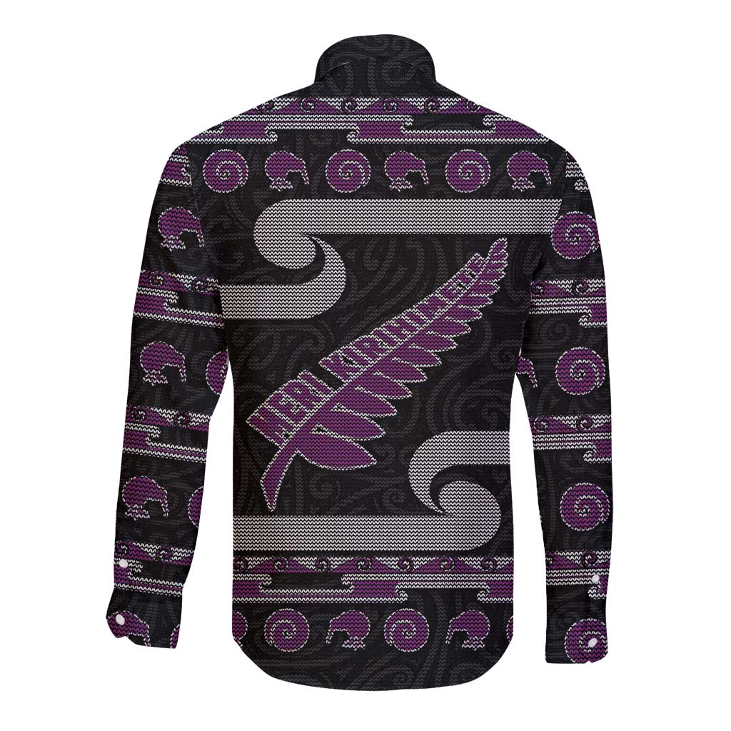 New Zealand Christmas Long Sleeve Button Shirt Meri Kirihimete Silver Fern Knit Style Purple Color - Polynesian Pride