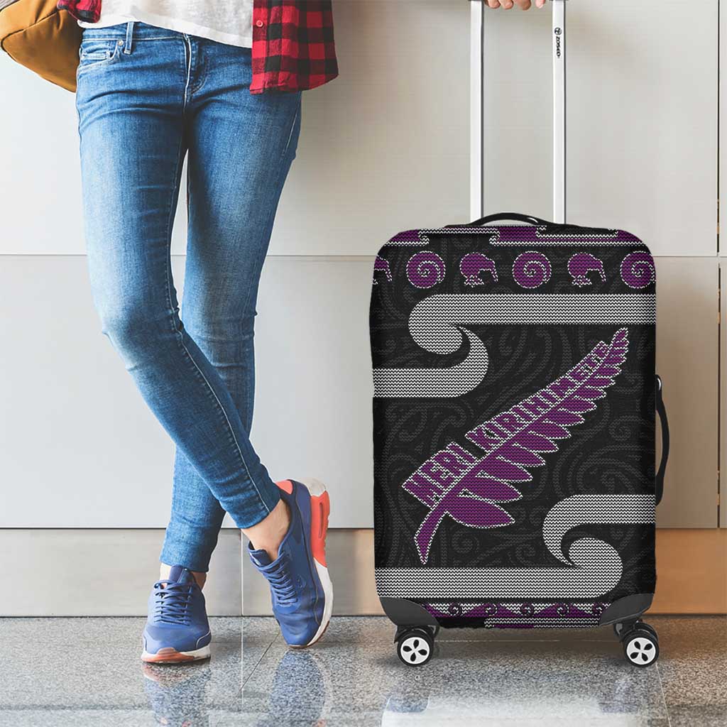 New Zealand Christmas Luggage Cover Meri Kirihimete Silver Fern Knit Style Purple Color - Polynesian Pride