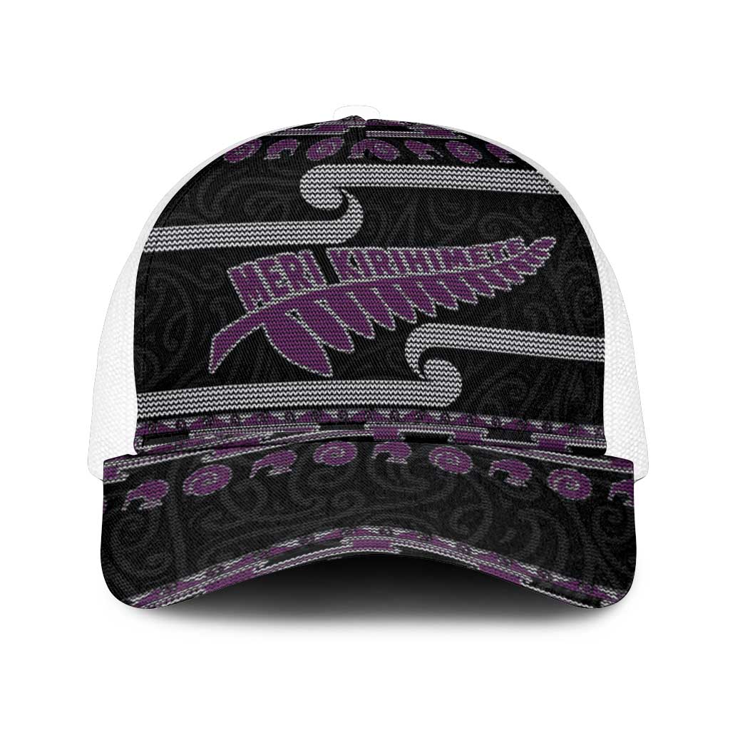 New Zealand Christmas Mesh Trucker Cap Meri Kirihimete Silver Fern Knit Style Purple Color - Polynesian Pride