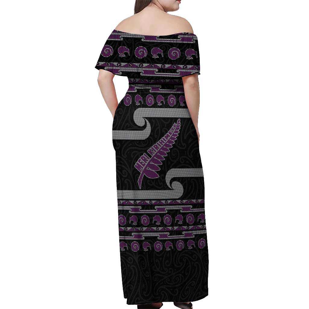 New Zealand Christmas Off Shoulder Maxi Dress Meri Kirihimete Silver Fern Knit Style Purple Color - Polynesian Pride