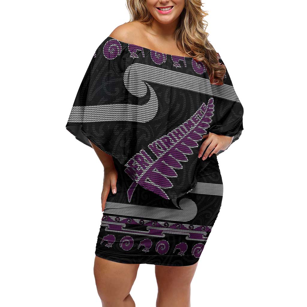 New Zealand Christmas Off Shoulder Short Dress Meri Kirihimete Silver Fern Knit Style Purple Color - Polynesian Pride