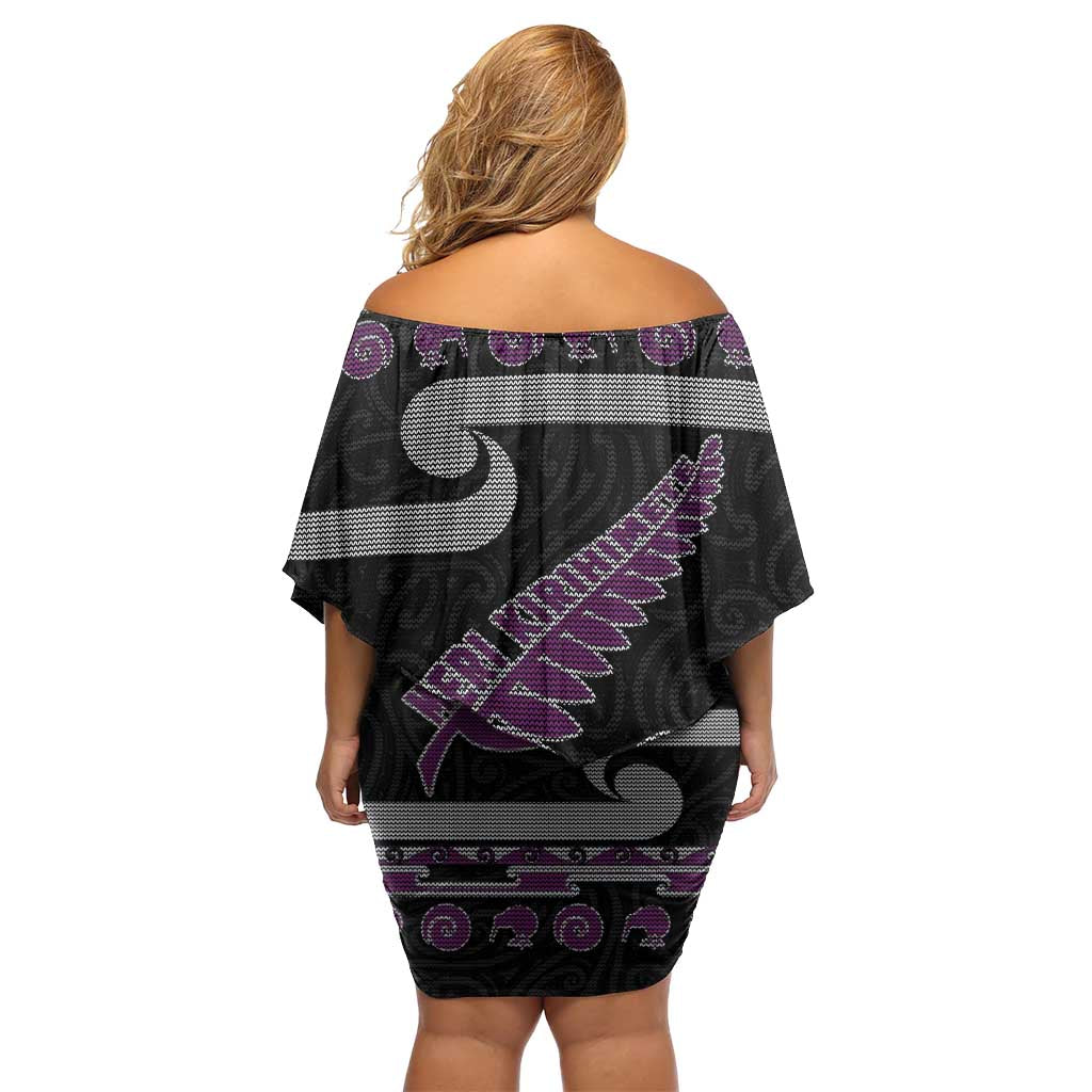 New Zealand Christmas Off Shoulder Short Dress Meri Kirihimete Silver Fern Knit Style Purple Color - Polynesian Pride